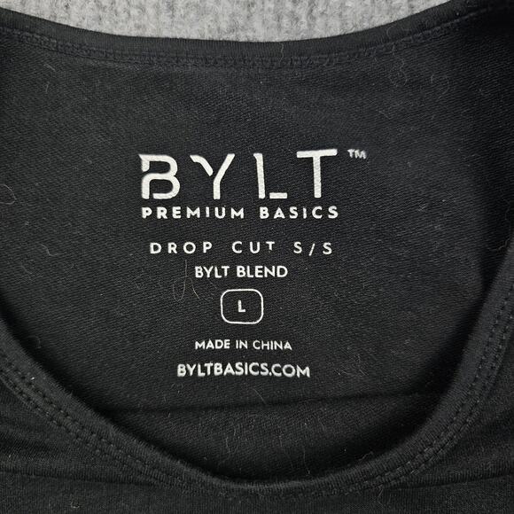 BYLT Shirt Mens Large Black Drop Cut Short Sleeve Curved Hem Minimal Classic - Picture 2 of 6
